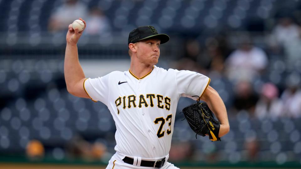 Pittsburgh Pirates starting pitcher Mitch Keller delivers during the first inning of a baseball game against the Colorado Rockies in Pittsburgh, Monday, May 8, 2023. (AP Photo/Gene J. Puskar)