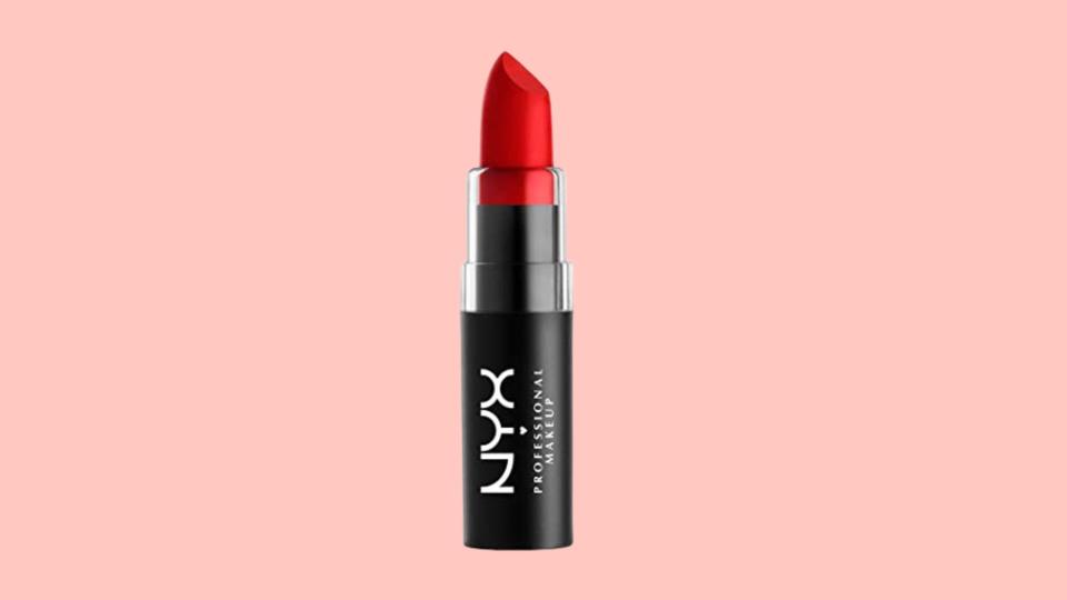 The NYX Matte Lipstick in Perfect Red is a true red tone.