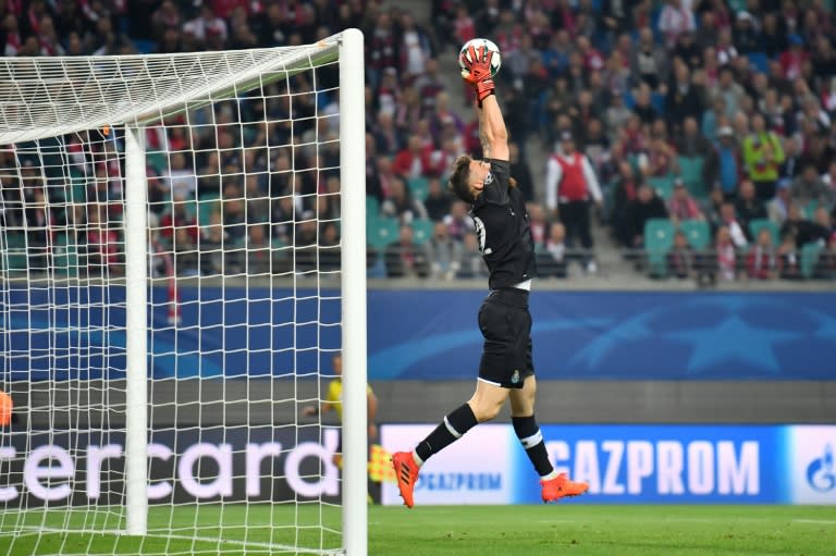 Porto's goalkeeper Jorge Sa make a save late in the game during their UEFA Champions League match against RB Leipzig in Leipzig, eastern Germany on October 17, 2017