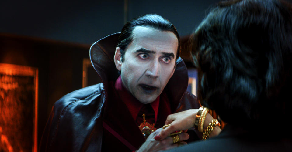 This image released by Universal Pictures shows Nicolas Cage in a scene from "Renfield." (Universal Pictures via AP)