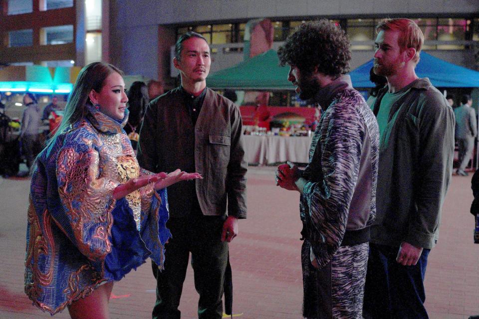 Dave (Dave Burd), second from right, and his manager Mike (Andrew Santino), right, talk to Korean rap star CL (playing herself), left, and her manager, Jae (Karl Yune), in the second-season premiere of FXX's "Dave."