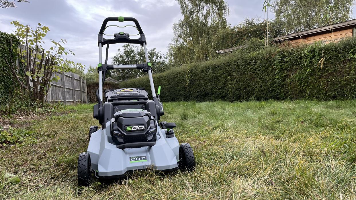  EGO Power+ LM2135SP 21-Inch Select Cut Lawn Mower pictured from the front in a yard. 
