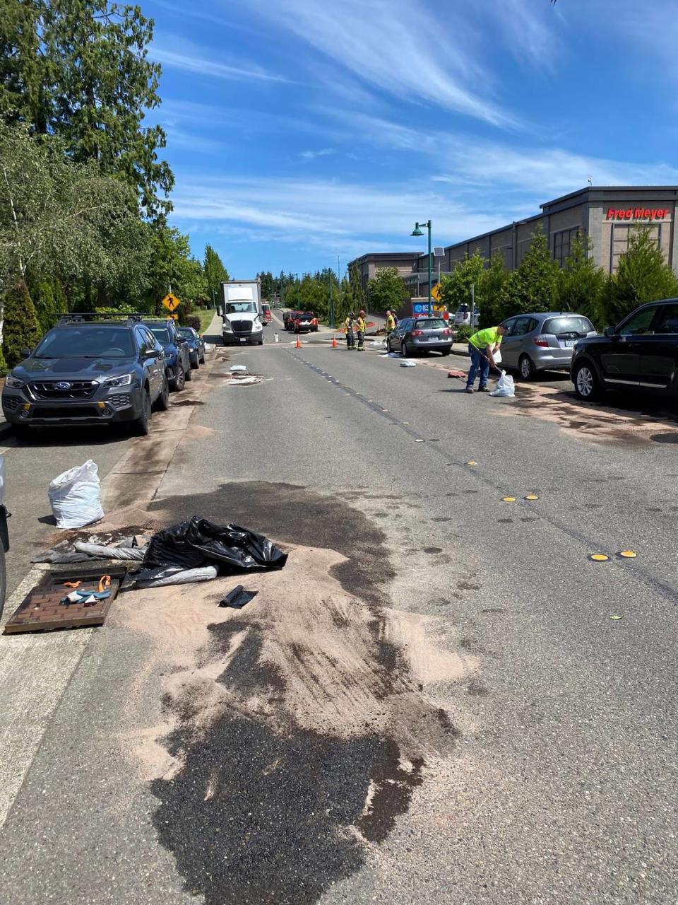 A semi wreck spilled 50 gallons of diesel June 6 on 32nd Avenue in Gig Harbor, behind Fred Meyer and right by the Olympic Square Townhomes.