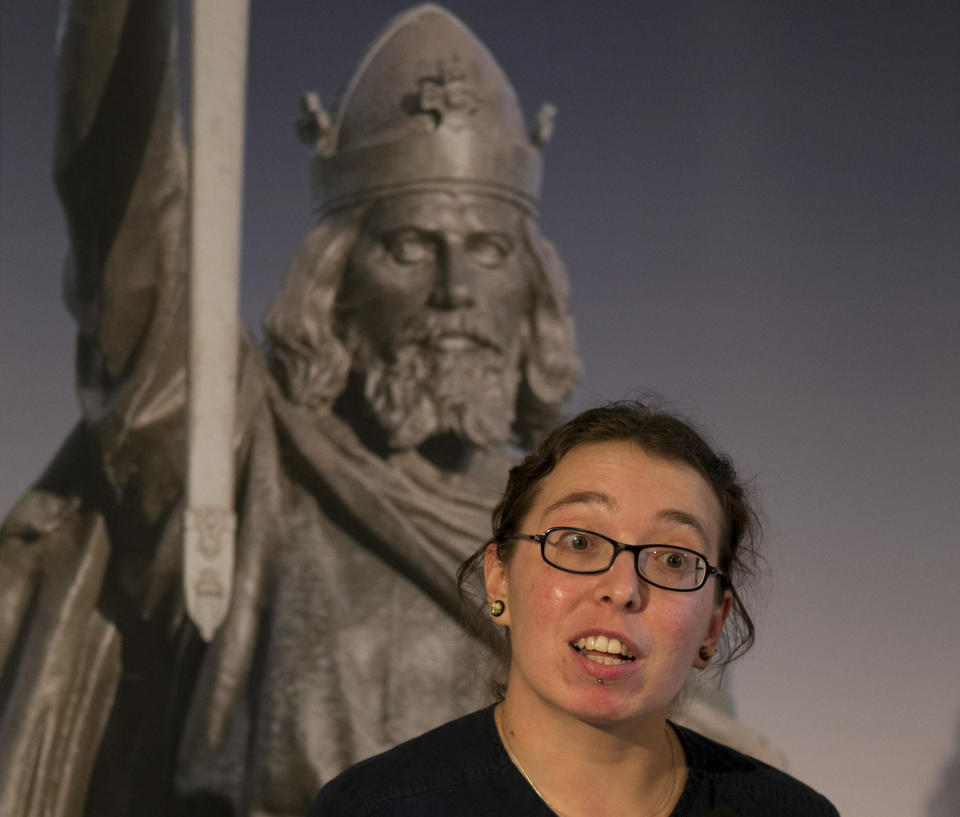 Dr Katie Tucker, researcher in human osteology at the University of Winchester attends a press conference in Winchester, Friday Jan. 17, 2014. Researchers said Friday they may have discovered remains of King Alfred the Great, the 9th-century royal remembered for protecting England from the Vikings and educating a largely illiterate nation. (AP Photo/PA, Steve Parsons) UNITED KINGDOM OUT NO SALES NO ARCHIVE