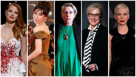 Nominees for the 75th Golden Globe Awards, Best Performance by an Actress in a Motion Picture, Drama category, (L-R) Jessica Chastain, Sally Hawkins, Frances McDormand, Meryl Streep and Michelle Williams are seen in a combination of file photos. REUTERS/File Photos
