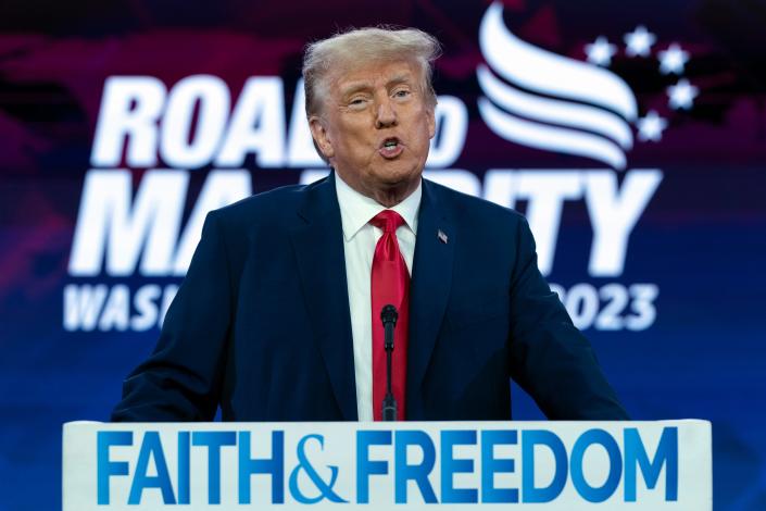 Former President Donald Trump speaks during the Faith &amp; Freedom Coalition Policy Conference in Washington, Saturday, June 24, 2023. (AP Photo/Jose Luis Magana) ORG XMIT: DCJL137