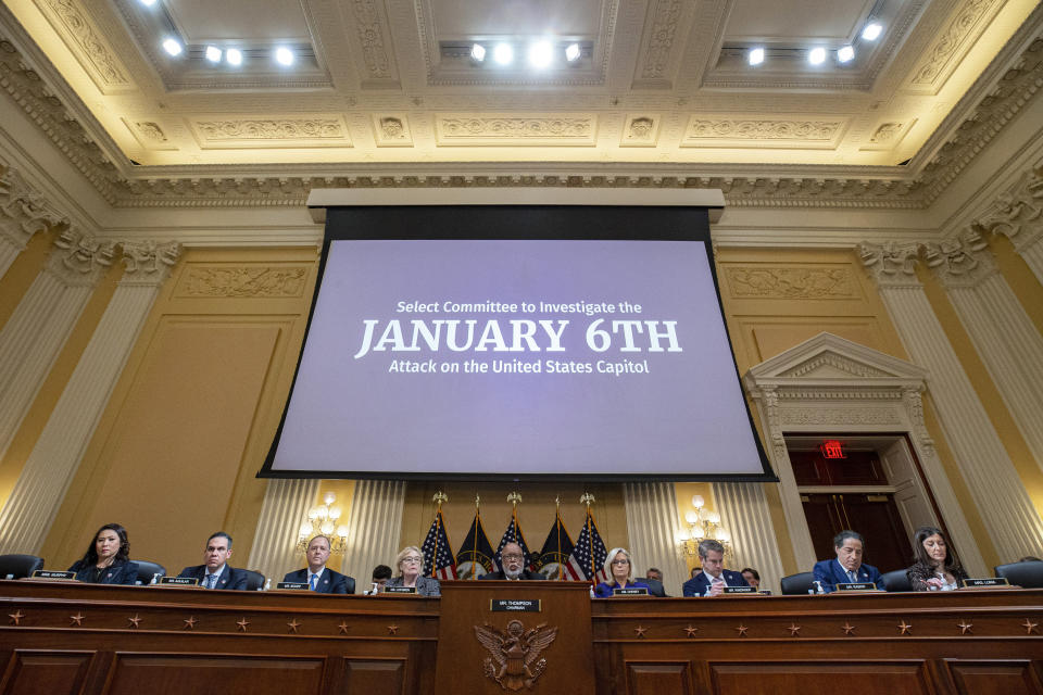 Chairman Bennie Thompson, D-Miss., speaks as the House select committee investigating the Jan. 6 attack on the U.S. Capitol holds its final meeting on Capitol Hill in Washington, Monday, Dec. 19, 2022. From left, Rep. Stephanie Murphy, D-Fla., Rep. Pete Aguilar, D-Calif., Rep. Adam Schiff, D-Calif., Rep. Zoe Lofgren, D-Calif., Thompson, Vice Chair Liz Cheney, R-Wyo., Rep. Adam Kinzinger, R-Ill., Rep. Jamie Raskin, D-Md., and Rep. Elaine Luria, D-Va. (Al Drago/Pool Photo via AP)