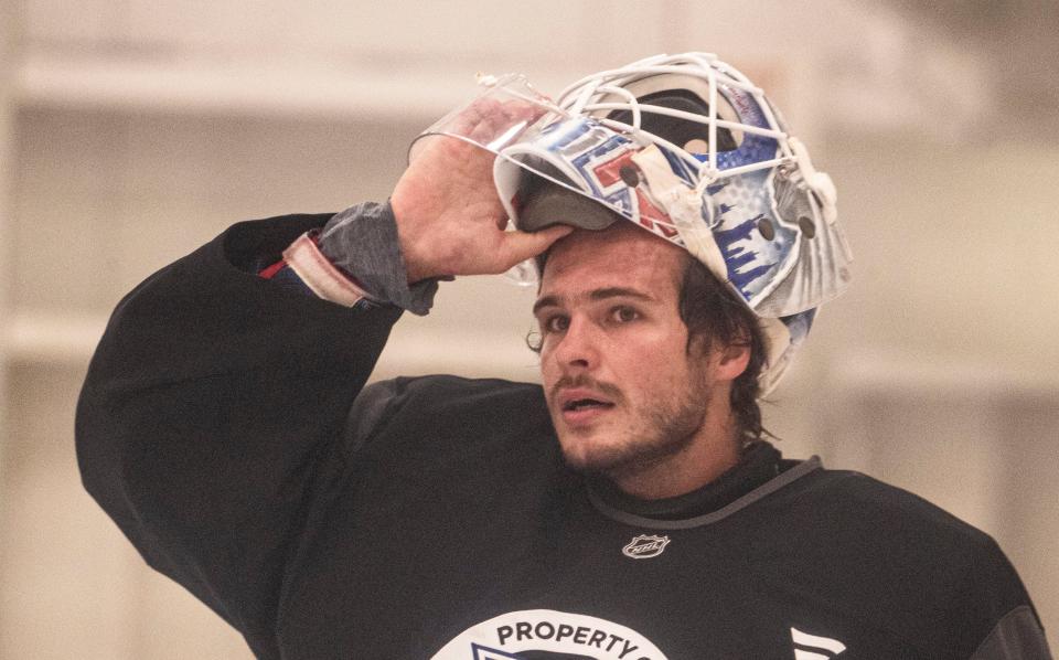 New York Rangers goalie Igor Shesterkin takes a breather during the first day of the New York Rangers training camp at their practice facility in Greenburgh, N.Y. Sept. 19, 2024.