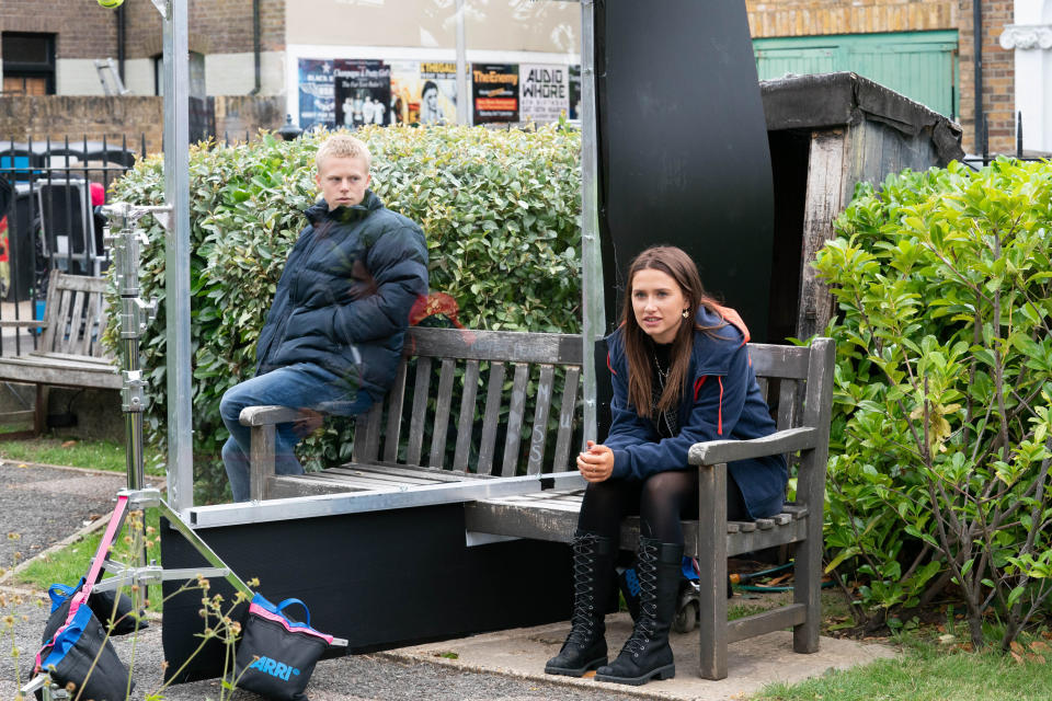 EastEnders stars Clay Milner Russell (Bobby Beale) and Milly Zero (Dotty Cotton) with Perspex screens to ‘cheat distance’ perspectives (Jack Barnes/BBC/PA)