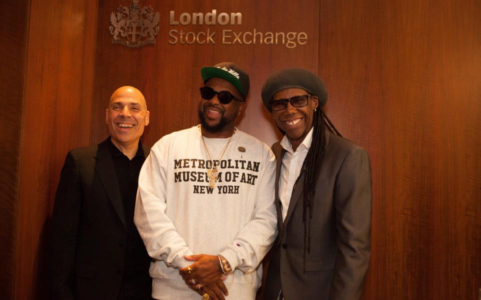 Nile Rodgers and business manager Merck Mercuriadis attended the London Stock Exchange today to float their music-licensing company Hipgnosis Songs, and their first signing songwriter The-Dream - Anna Watson/Alamy Stock Photo