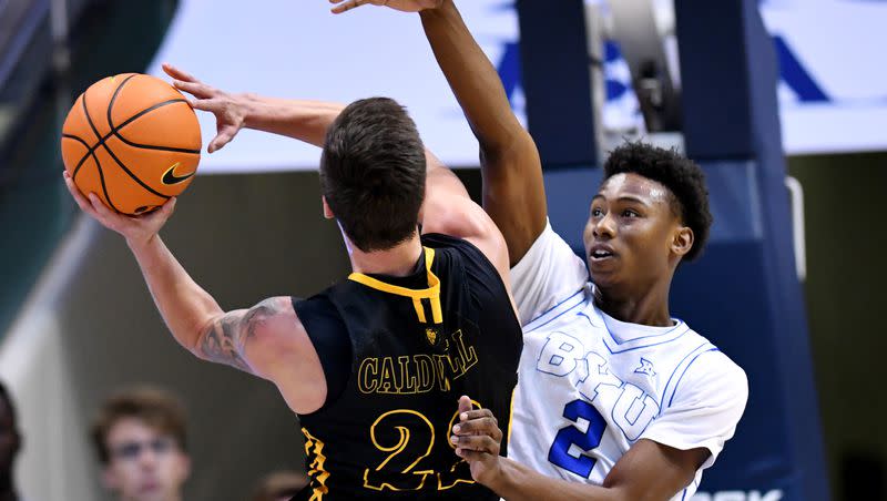 BYU guard Jaxson Robinson defends Southeastern Louisiana guard Nick Caldwell at the Marriott Center in Provo on Wednesday, Nov. 15, 2023. The No. 19 Cougars head to Salt Lake City on Friday, to tangle with Fresno State at the Delta Center.