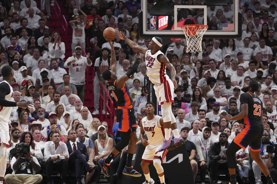 MIAMI, FL - MAY 08: Jimmy Butler #22 of the Miami Heat blocks a shot attempt by RJ Barrett #9 of the New York Knicks during Game Four of the Eastern Conference Semifinals at Kaseya Center on May 08, 2023 in Miami, Florida. The Heat won the game 109-101. NOTE TO USER: User expressly acknowledges and agrees that,  by downloading and or using this photograph,  User is consenting to the terms and conditions of the Getty Images License Agreement. (Photo by Eric Espada/Getty Images)