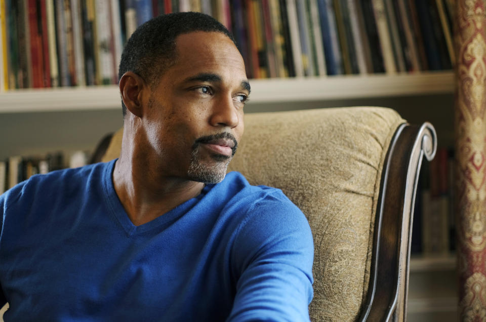 Actor Jason George, a producer of the 27th Screen Actors Guild Awards as well as a member of the SAG Awards Committee, poses for a portrait at his home in Los Angeles on March 25, 2021. The Screen Actors Guild Awards airs Sunday at 9 p.m. EDT on TNT and TBS. (AP Photo/Chris Pizzello)