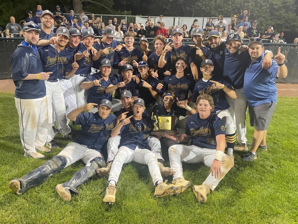 The Pequannock Township High School baseball team celebrates after defeating Buena 5-4 in the NJSIAA Group 1 final on June 10, 2023.