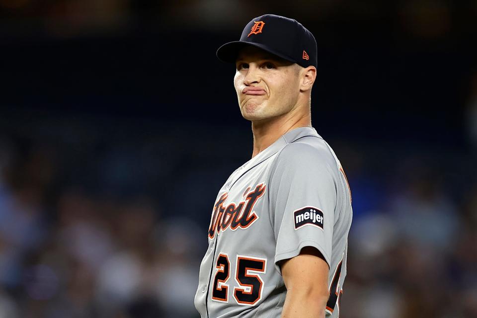 Detroit Tigers pitcher Matt Manning reacts against the New York Yankees during the first inning at Yankee Stadium in New York on Wednesday, Sept. 6, 2023.