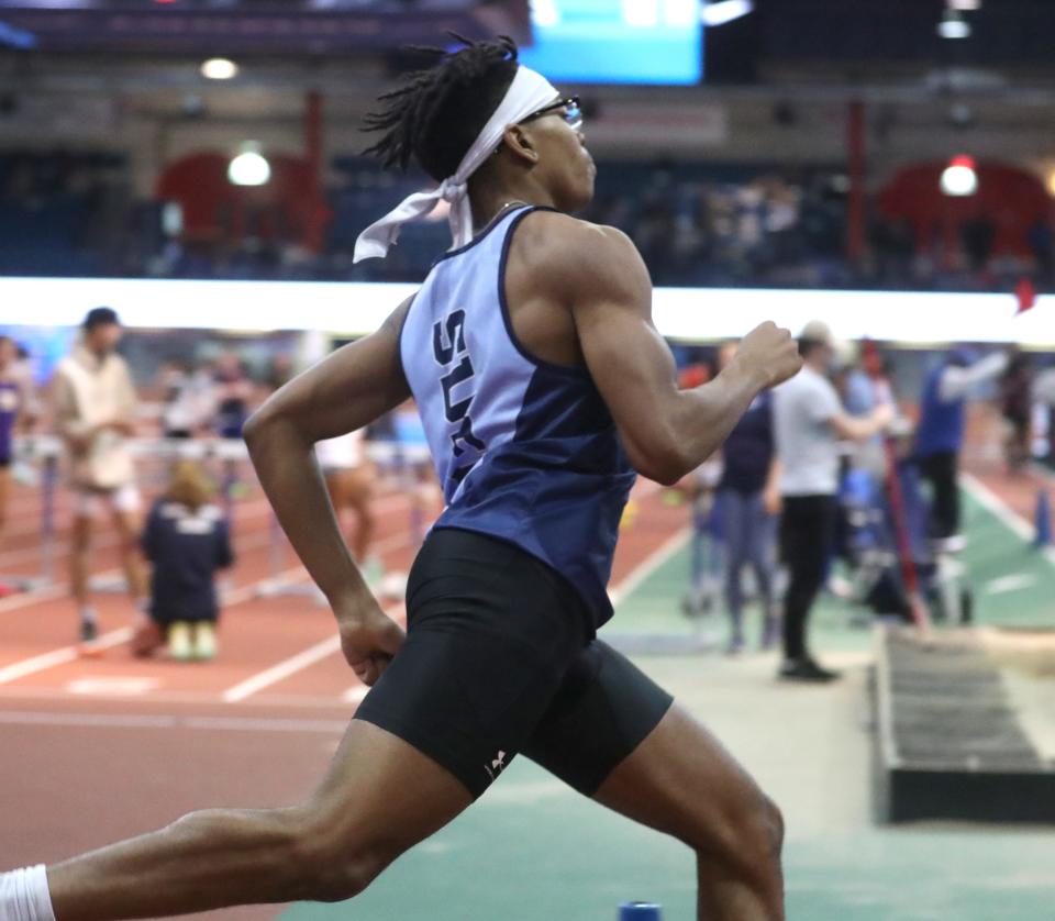 Suffern's Micheal Cromwell won the Rockland County 600-meter run at the Rockland and Northern Counties track and field championships at the Armory Jan. 26, 2024.