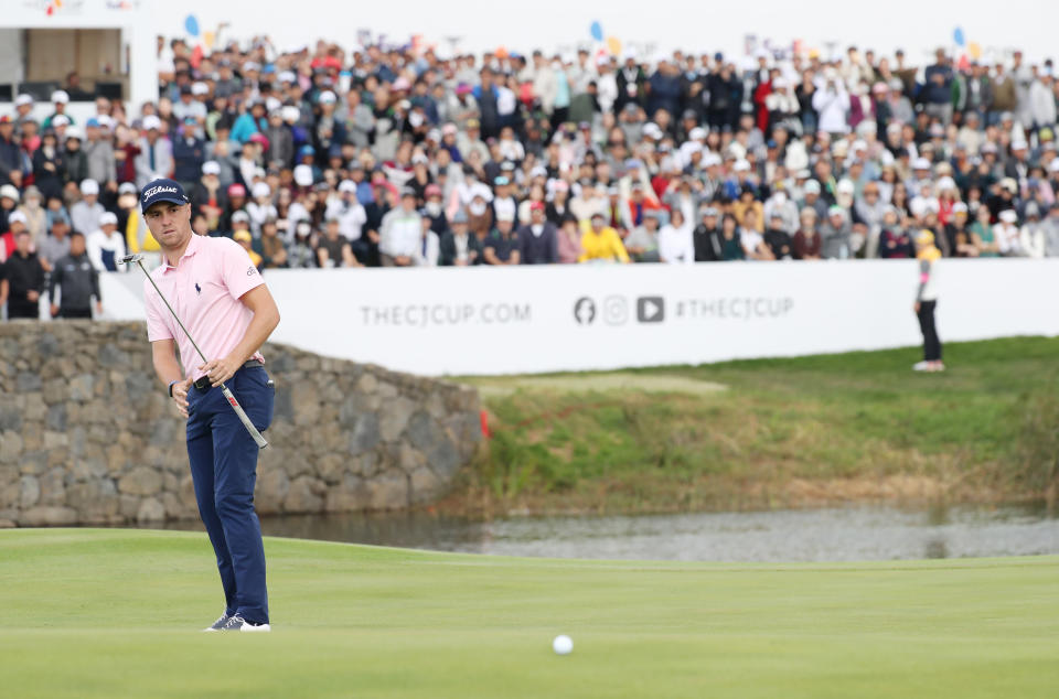 Justin Thomas of the United States watches his shot on the 18th hole during the final round of the CJ Cup PGA golf tournament at Nine Bridges on Jeju Island, South Korea, Sunday, Oct. 20, 2019. (Park Ji-ho/Yonhap via AP)