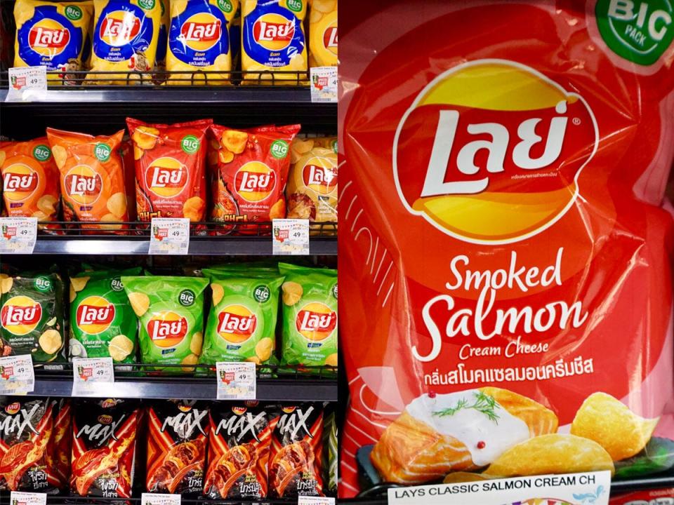 lays chips, shelves on the left and smoken salmon bag on the right