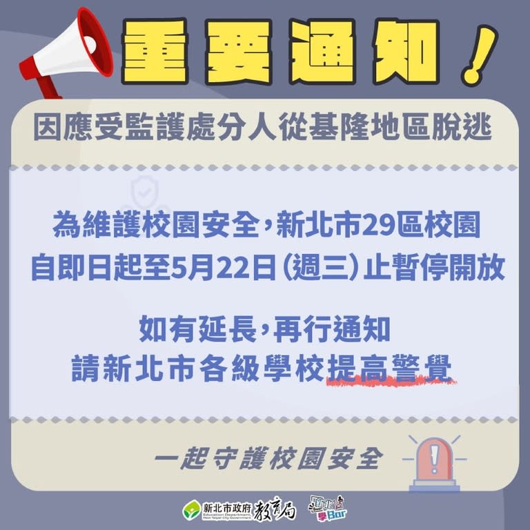 《圖說》新北市因應基隆受監護處分人逃脫重要通知。〈<a class="link " href="https://tw.news.yahoo.com/tag/教育局" data-i13n="sec:content-canvas;subsec:anchor_text;elm:context_link" data-ylk="slk:教育局;sec:content-canvas;subsec:anchor_text;elm:context_link;itc:0">教育局</a>提供〉