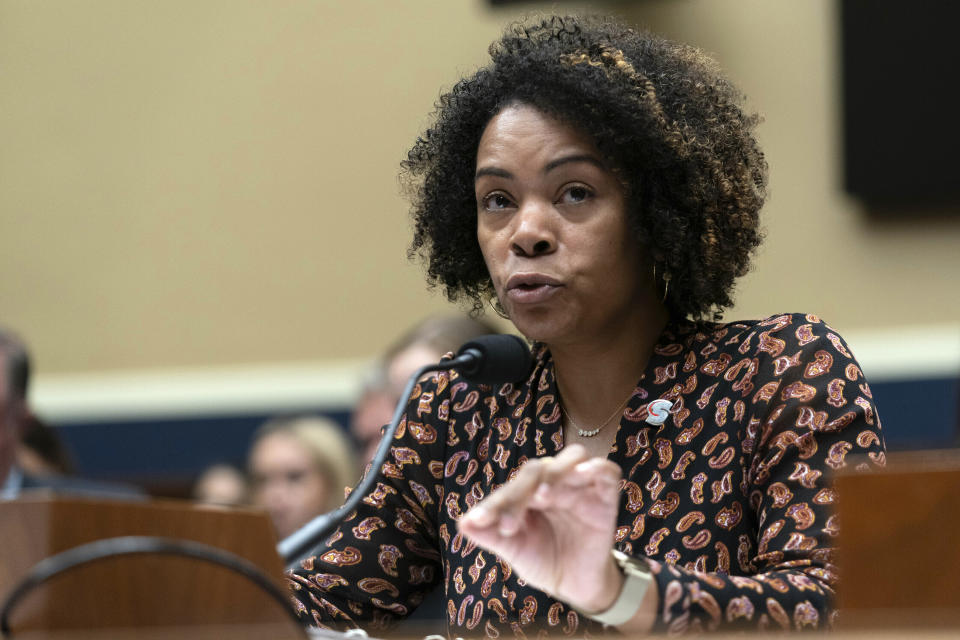 FILE - U.S. Center for SafeSport CEO Ju'Riese Colón testifies during The Commission on the State of U.S. Olympics and Paralympics hearing on Capitol Hill in Washington, Wednesday, Sept. 6, 2023. A Senate subcommittee is scheduled to hold a hearing Wednesday, March 20, 2024, titled “Promoting a Safe Environment in U.S. Athletics.” SafeSport CEO Ju'Riese Colon and commission co-chair, Dionne Koller, are among those scheduled to testify.(AP Photo/Jose Luis Magana, File)