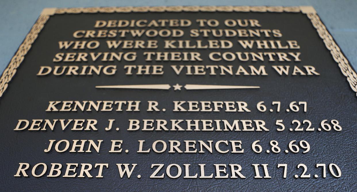 The Crestwood High School fieldhouse will be rededicated as the Crestwood Memorial field house on April 6 in honor of four Crestwood students who were killed while serving during the Vietnam War. This plaque was recently placed on the fieldhouse.