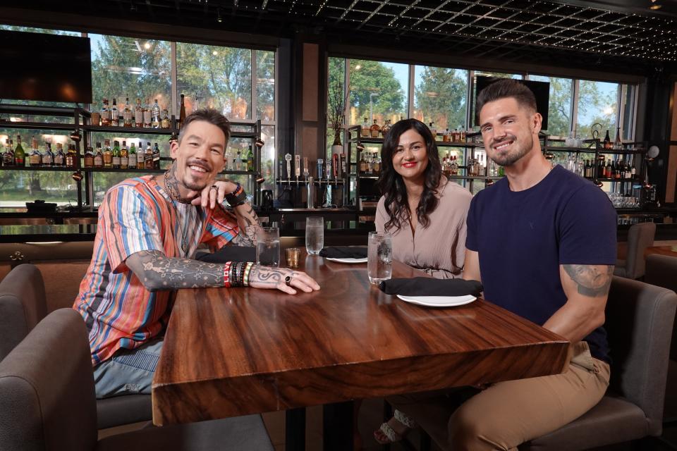 From left: "My Lottery Dream Home" host David Bromstad, Mirela Islamovic and Elvis Islamovic visit Clive-based lounge Aura to go over the couple's dream home wish list.