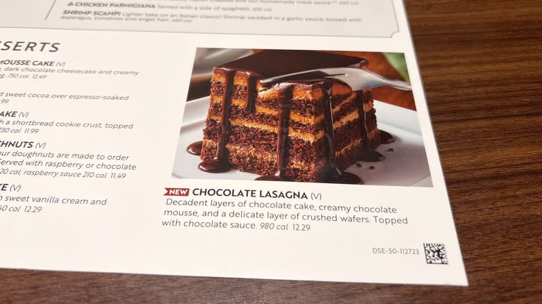 Chocolate lasagne on the Olive Garden menu