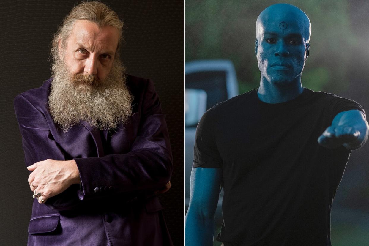 Alan Moore, taken on September 6, 2013. Moore is often considered the finest writer in the comics medium, and is best known for his graphic novels Watchmen and V For Vendetta. (Photo by Kevin Nixon/SFX Magazine/Future via Getty Images); Photograph by Mark Hill/HBO Yahya Abdul-Mateen II HBO Watchmen