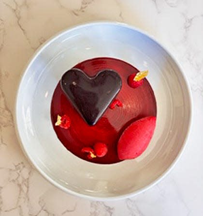 Cafe Boulud's Valentine's Day dessert is called Chocolat & Framboise, featuring velvety chocolate, tart raspberries and caramel.
