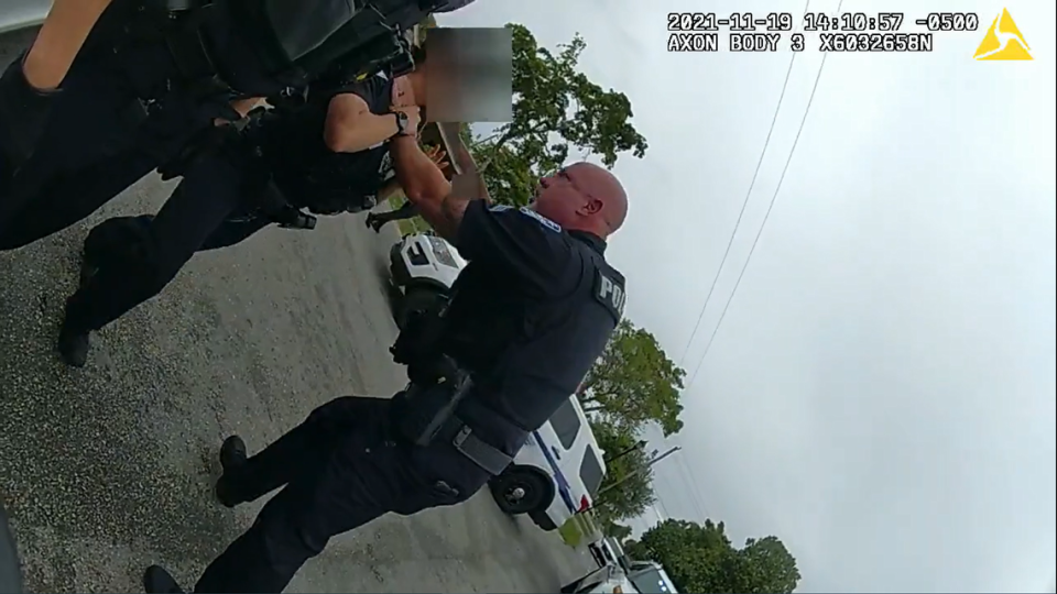 A screen capture of body-cam footage from November shows a Sunrise police sergeant grabbing a female officer by the throat. The police department did not identify the sergeant although WSVN Channel 7 identified him as Christopher Pullease.