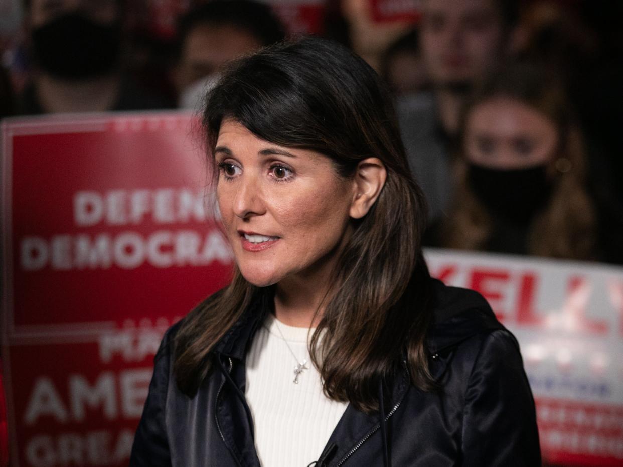 Former U.N. Ambassador Nikki Haley takes questions from the media during a rally on December 20, 2020 in Cumming, Georgia.  (Getty Images)
