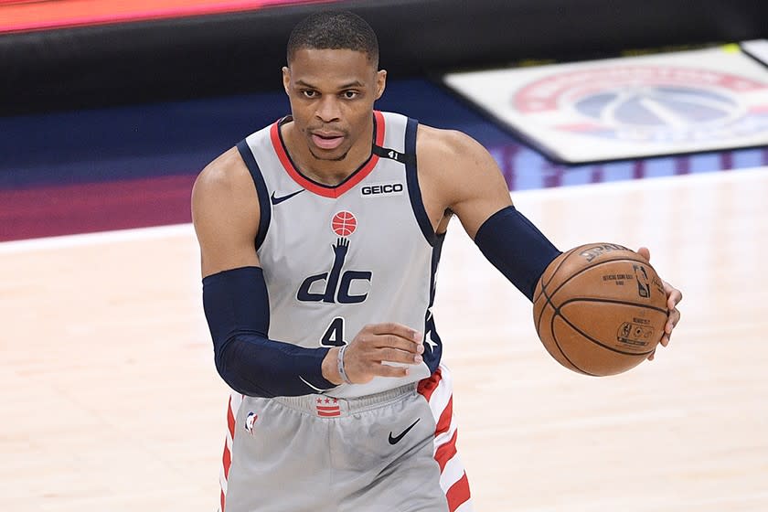 The Washington Wizards' Russell Westbrook during playoff game against the Philadelphia 76ers on May 31, 2021.