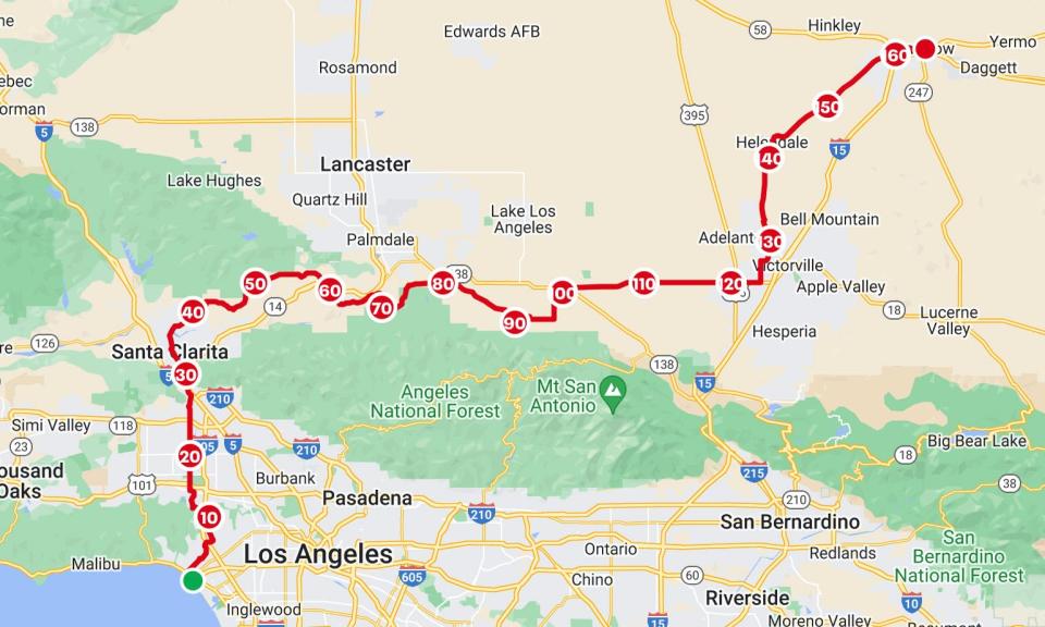 Michael Azar's route from Santa Monica to Barstow, California