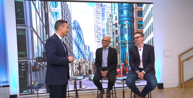 Microsoft executive Jared Spataro, Microsoft CEO Satya Nadella, and LinkedIn CEO Ryan Roslansky during Microsoft’s virtual event Thursday in London. (Image via Microsoft webcast.)