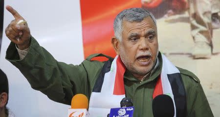 Head of the Badr Organisation Hadi al-Amiri speaks during a news conference on the outskirts of Diyala province, north of Baghdad February 2, 2015. REUTERS/Stringer