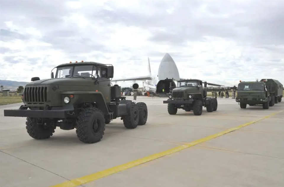 Trucks associated with the S-400 air defense system arrive at Murted Air Base in Turkey, in July 2019. <em>TURKISH MINISTRY OF NATIONAL DEFENSE</em>