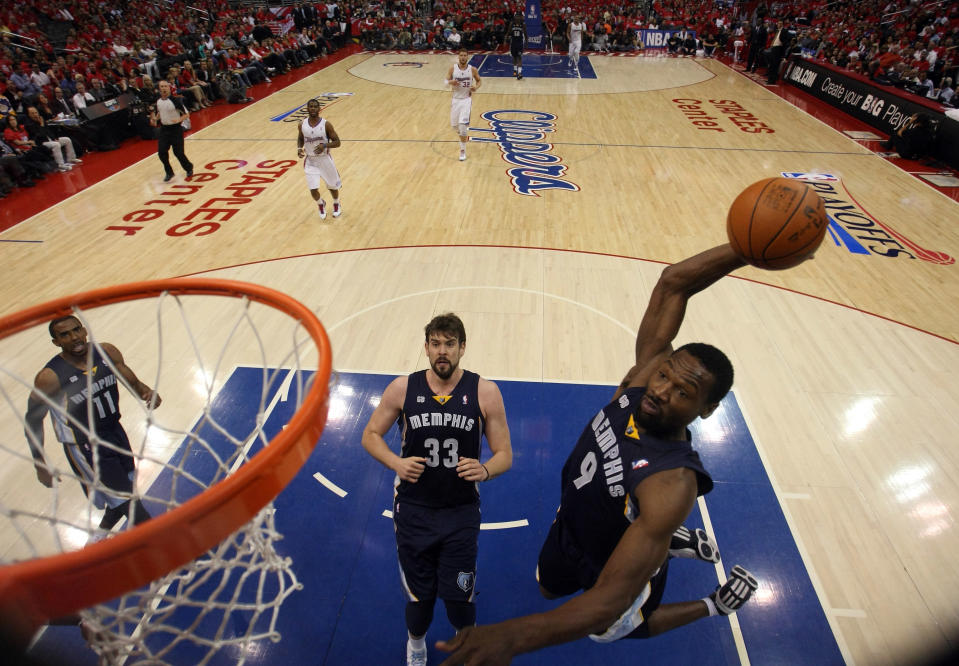 LOS ANGELES, CA - MAY 11: Tony Allen #9 of the Memphis Grizzlies goes up to dunk the ball in the first half while taking on the Los Angeles Clippers in Game Six of the Western Conference Quarterfinals in the 2012 NBA Playoffs on May 11, 2012 at Staples Center in Los Angeles, California. NOTE TO USER: User expressly acknowledges and agrees that, by downloading and or using this photograph, User is consenting to the terms and conditions of the Getty Images License Agreement. (Photo by Stephen Dunn/Getty Images)