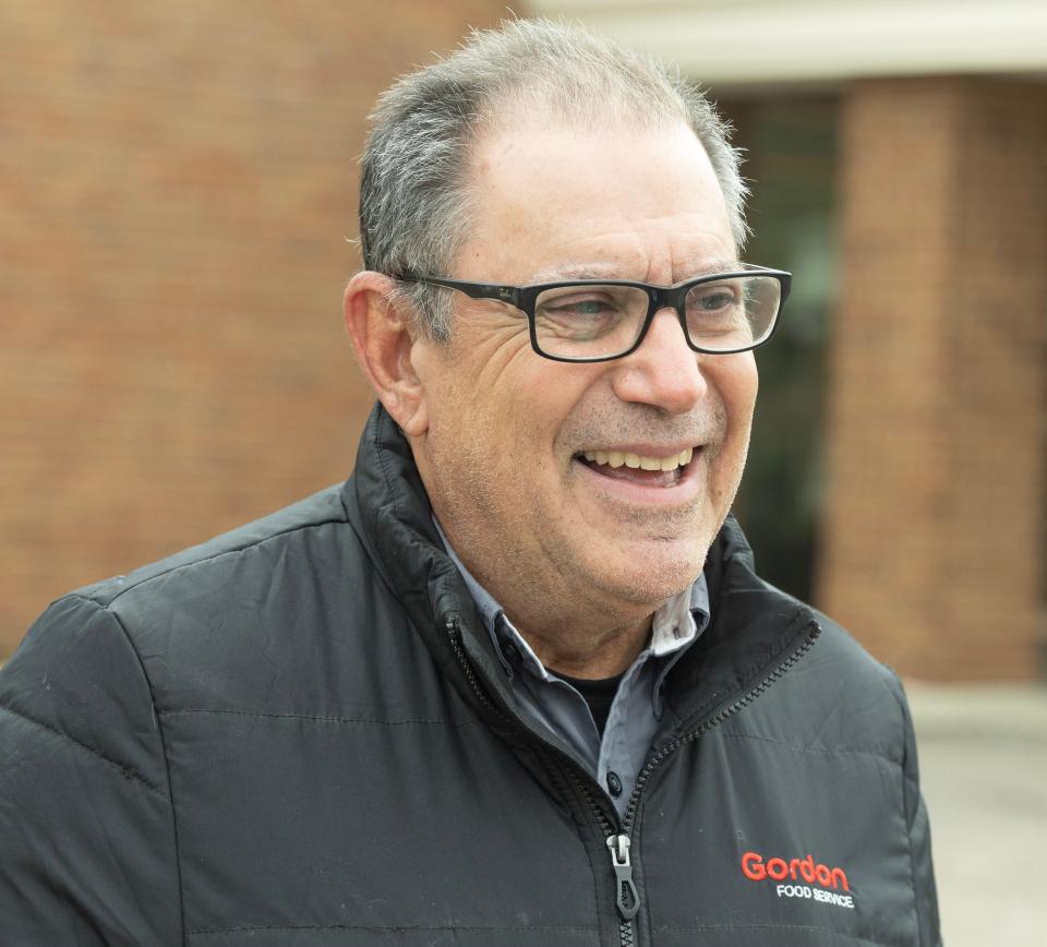 John Varavvas talks outside the North Canton Church of Christ, where he for Bernie Moreno in Tuesday's election.