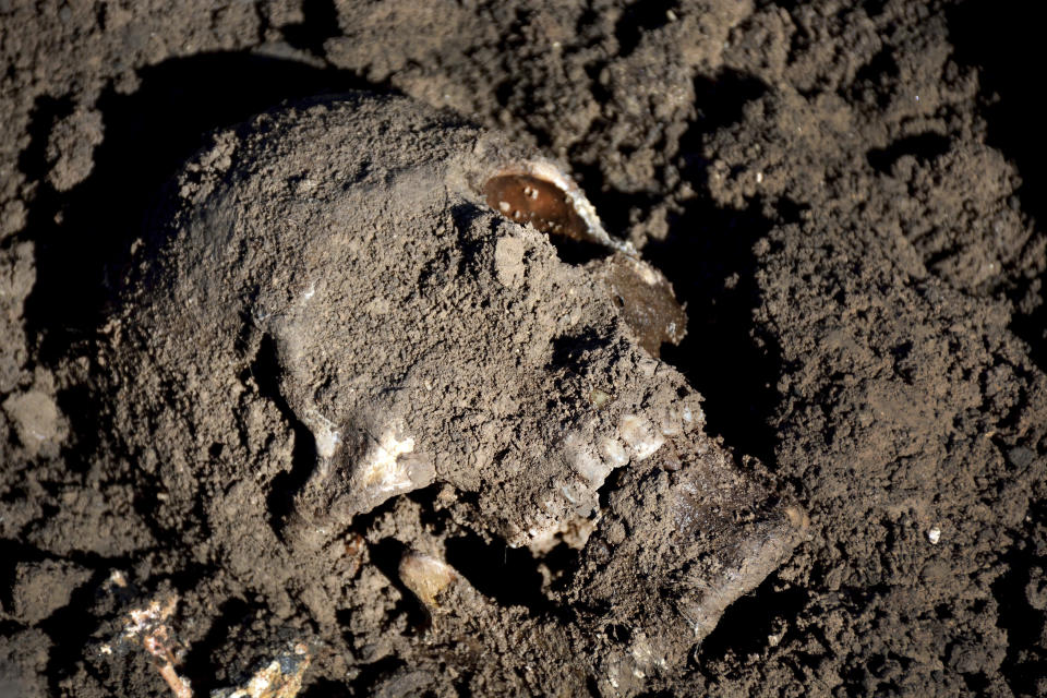 FILE - This image May, 2015, file, photo released by the the Mass Graves Directorate of the Kurdish Regional Government shows a human skull in a mass grave containing Yazidis killed by Islamic State militants in the Sinjar region of northern Iraq. U.N. investigators said Tuesday, Nov. 6, 2018 that they have verified the location of more than 200 mass grave sites from the time of the Islamic State group’s reign in northern Iraq, containing the bodies of between 6,000 and 12,000 victims. (Kurdish Mass Graves Directorate via AP, File)