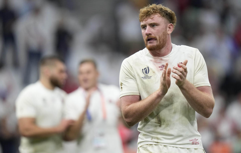 England's Ollie Chessum celebrates at the end of the Rugby World Cup quarterfinal match between England and Fiji at the Stade de Marseille in Marseille, France, Sunday, Oct. 15, 2023. (AP Photo/Pavel Golovkin)