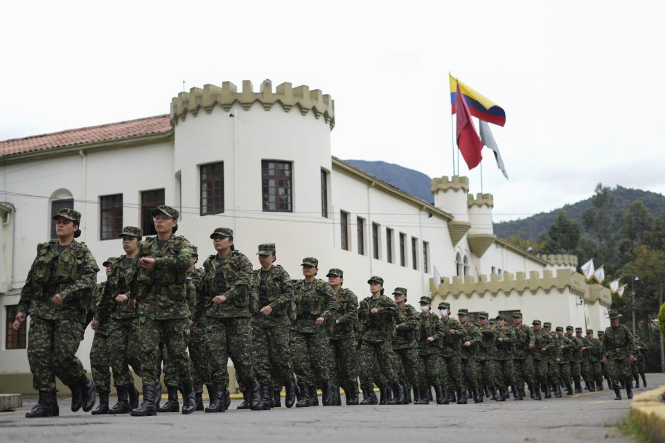 Female voluntary recruits attend a three month training program at a military base in Bogota, Colombia, Monday, March 6, 2023. After a 25-year ban, the Colombian army is once again allowing women to join its ranks through voluntary military service, which is a requirement for men. (AP Photo/Fernando Vergara)