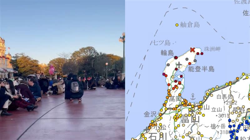 日本石川縣能登地區今下午發生多起地震，東京迪士尼遊客急蹲坐避難。（圖／翻攝自X、日本氣象廳）