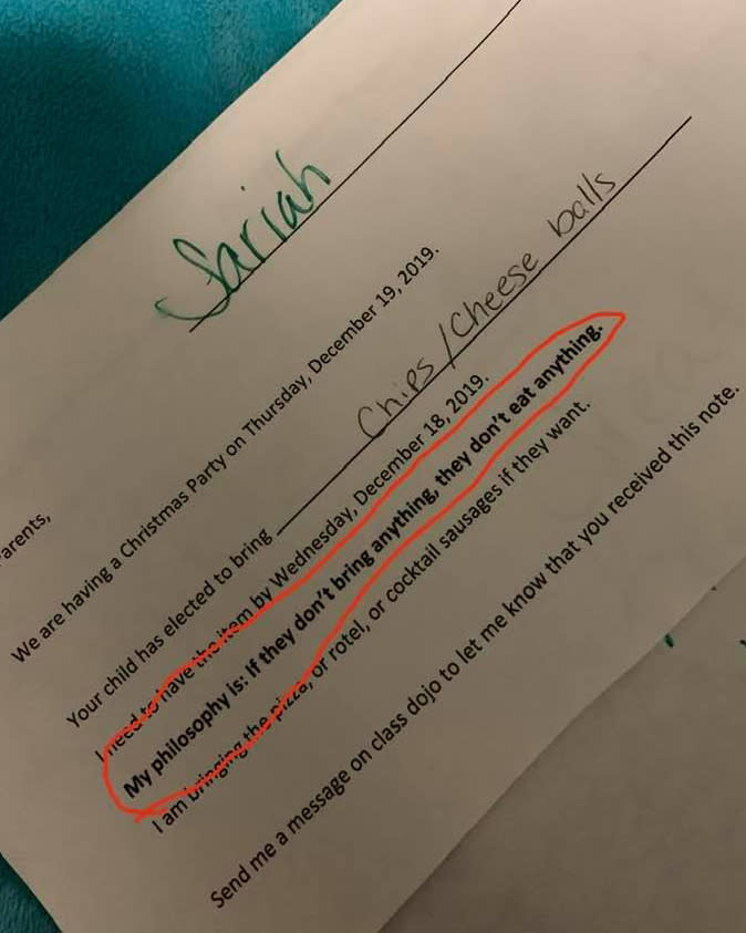 The note from the teacher reads 'if they don't bring anything, they don't eat anything'