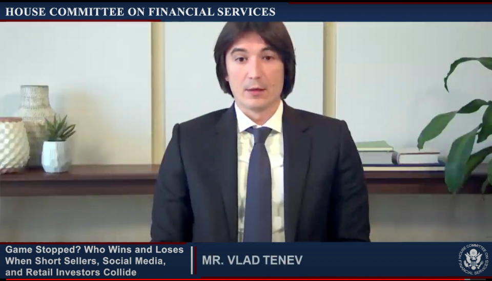 Vlad Tenev, CEO of Robinhood Markets, is seen testifying in a frame grab from video during an entirely virtual hearing of the U.S. House of Representatives Committee on Financial Services entitled ?Game Stopped? Who Wins and Loses When Short Sellers, Social Media, and Retail Investors Collide??, in Washington, U.S., February 18, 2021.   House Committee on Financial Services/Handout via Reuters