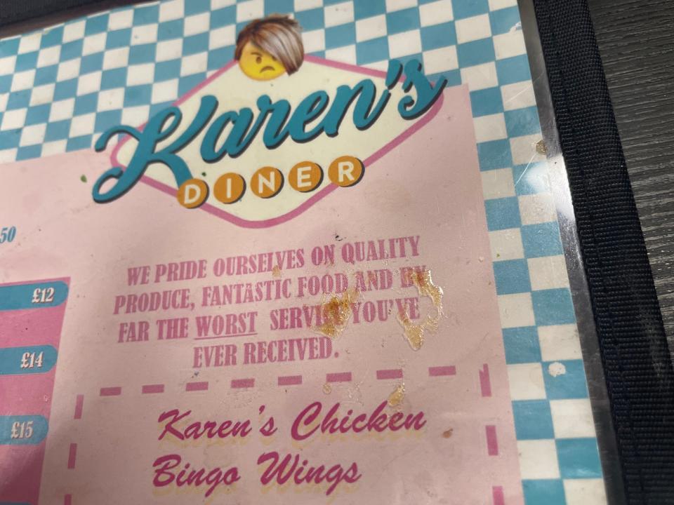 A splat of something revolting stuck to the menu at Karen's Diner