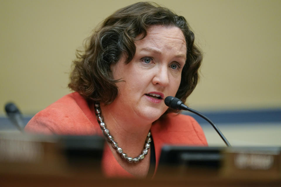 FILE - U.S. Rep. Katie Porter, D-Calif., speaks during a House Committee on Oversight and Reform hearing on gun violence on Capitol Hill in Washington, June 8, 2022. Porter is seeking reelection to California's 47th Congressional seat in the Nov. 8, 2022, election. (AP Photo/Andrew Harnik, Pool, File)