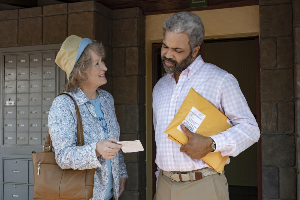 This image released by Netflix shows Meryl Streep, left, and Jeffrey Wright in a scene from "The Laundromat," in theaters on Sept. 27. (Claudette Barius/Netflix via AP)