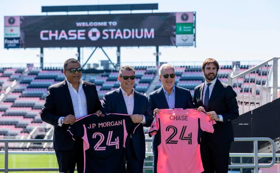 From left to right: George Acevedo, Chase’s Divisional Director for the South, Alfred Bunge, Managing Director at J.P. Morgan Private Bank, Jorge Mas, Inter Miami Managing Owner, and Xavier Asensi, Inter Miami Chief Business Officer, are photographed after holding a press conference announcing the renaming of DRV PNK Stadium to Chase Stadium on Tuesday, Feb. 20, 2024, in Fort Lauderdale, Fla.