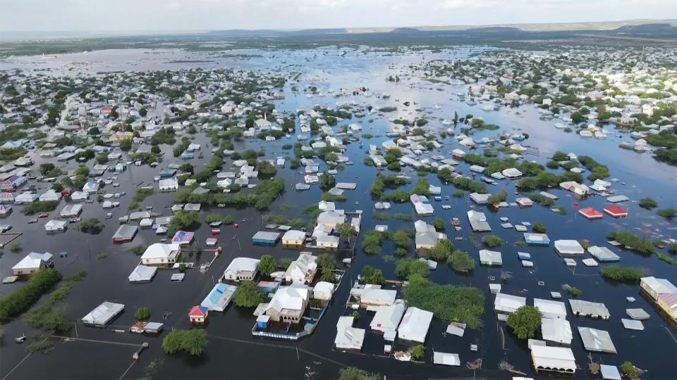 In this image made from video, flooded streets are seen from the air in the town of Beledweyne, in Somalia, Sunday, Nov. 19, 2023. First, some families fled drought and violence. Now they say they have nowhere to hide from intense flooding as rainfall exacerbated by the weather phenomenon El Nino pummels large parts of Somalia. (AP Photo)