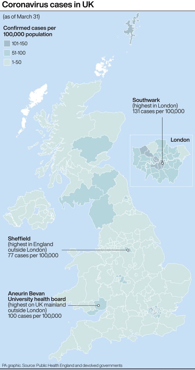 PA infographic about coronavirus cases in the UK